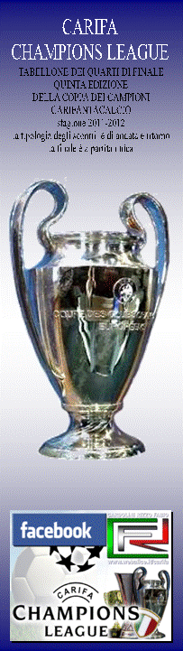 CARIFA
CHAMPIONS LEAGUE,TABELLONE DEI QUARTI DI FINALE
QUINTA EDIZIONE
DELLA COPPA DEI CAMPIONI
CARIFANTACALCIO
stagione 2011-2012
la tipologia degli scontri   di andata e ritorno
la finale  a partita unica